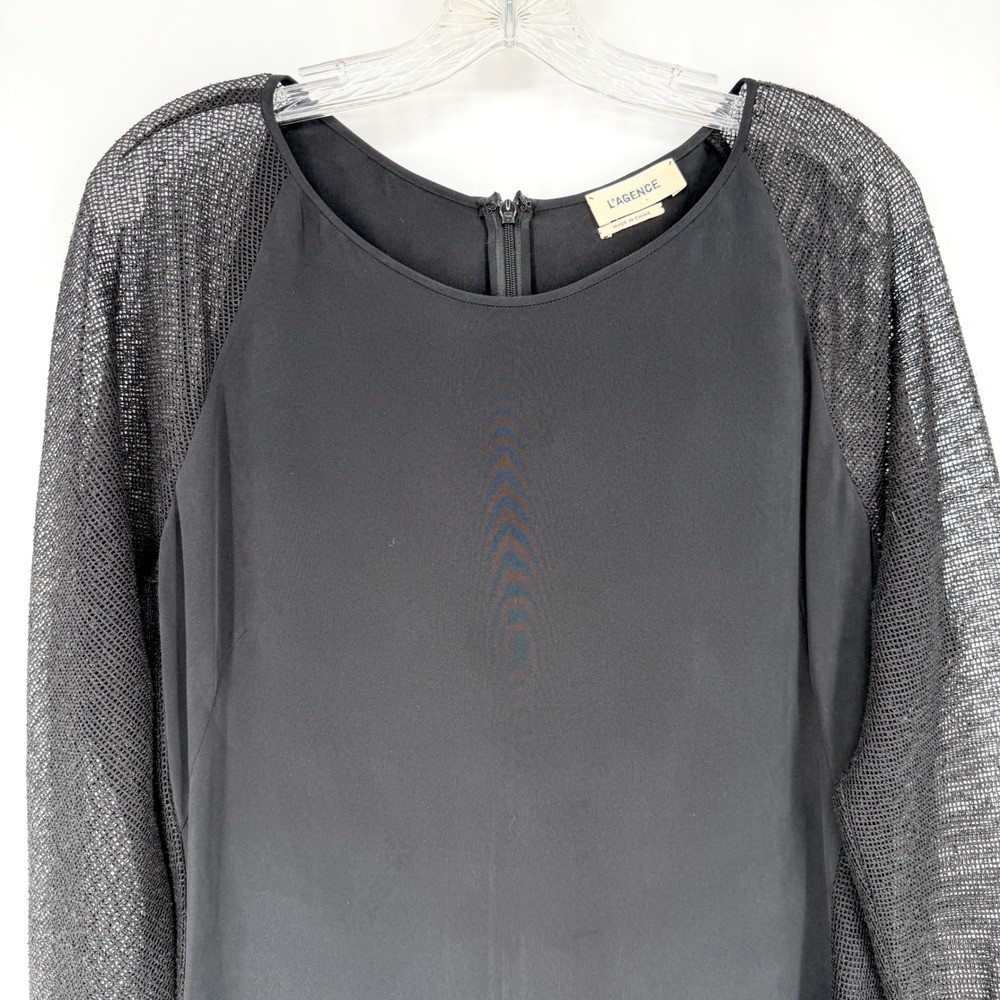 L'AGENCE Renee Dress Black Silk Mesh Long Sleeve Shift Midi Round Neck 10 - Picture 10 of 16